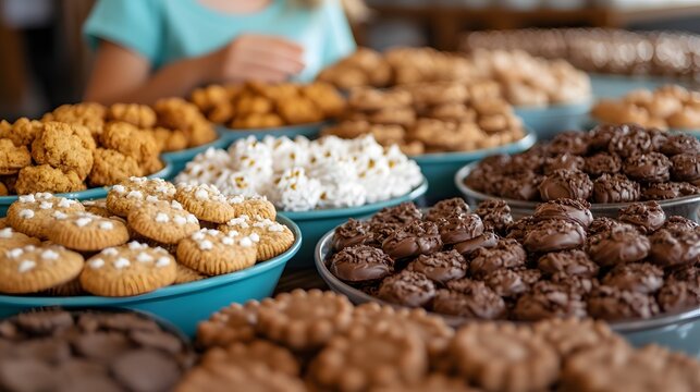 Plates filled with assorted cookies. Large selection of homemade cookies in various flavors displayed in blue bowls at bustling event. Community gatherings and Girl Scout cookie sales