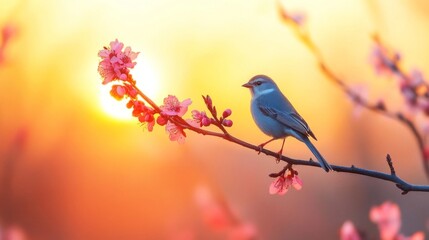 Bluebird on a Branch at Sunrise with Cherry Blossoms
