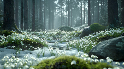 A serene woodland clearing filled with snowdrops emerging through the snow, symbolizing hope