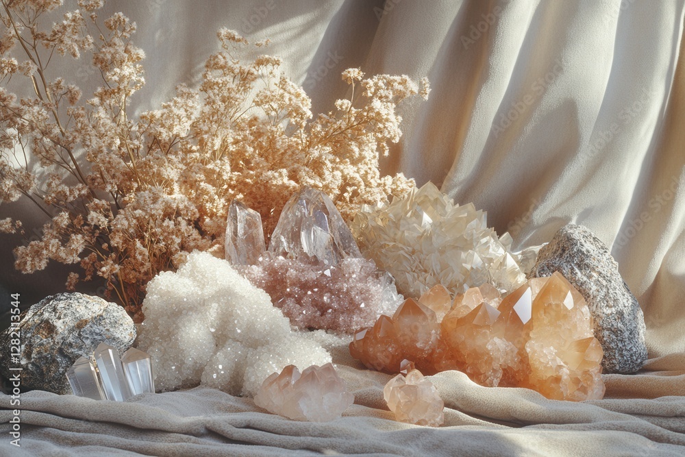 Poster vibrant display of colorful crystals and rocks arranged on a deep blue fabric with delicate flowers 
