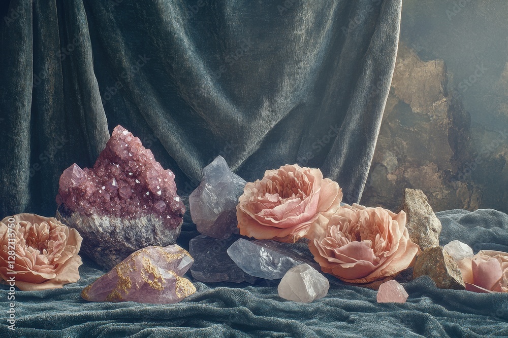 Poster vibrant display of colorful crystals and rocks arranged on a deep blue fabric with delicate flowers 