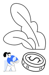 Person holding a large water drop, large plant leaves, and a dollar coin symbolizing environmental conservation, sustainability, and financial investment. Ideal for eco-friendly themes, water