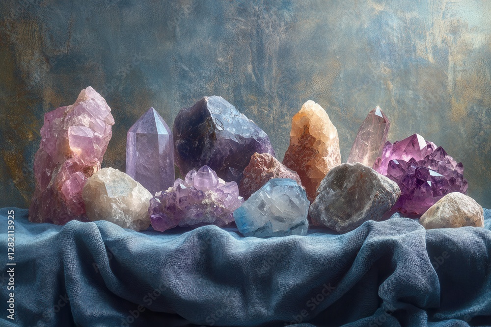 Poster vibrant display of colorful crystals and rocks arranged on a deep blue fabric with delicate flowers 