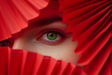 there is a woman with green eyes hiding behind a red paper