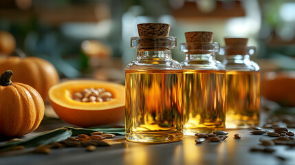 Pumpkin seed oil bottles on a surface with pumpkins and seeds. Use Health and wellness product showcase