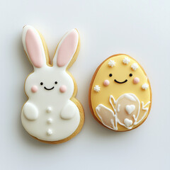 Easter cookies (bunny and egg-shaped) on a white background