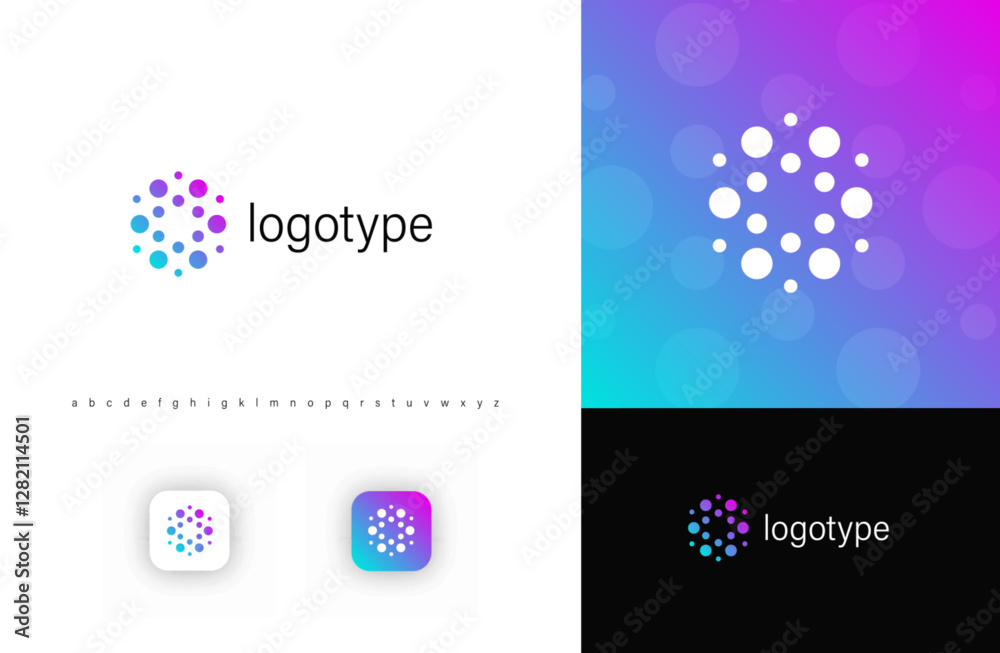 Poster Abstract circular logo with dynamic dots, symbolizing connectivity, technology, and innovation. Ideal for digital platforms, biotech, AI, analytics, and futuristic branding. Modern vector logo