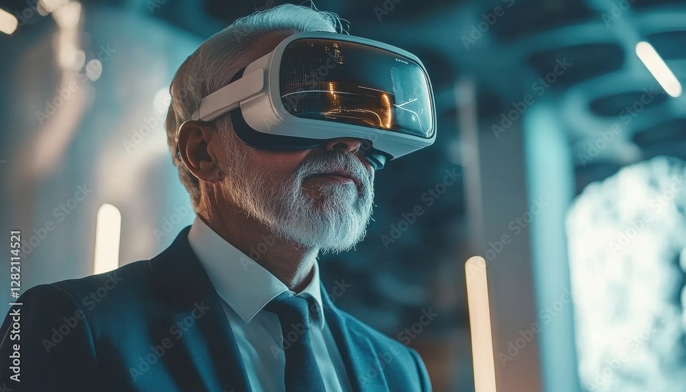 Poster Virtual reality experience in a modern tech space with immersive visuals and user interaction by a man wearing VR headset