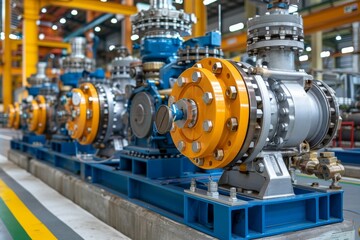 Fototapeta premium Industrial water pump station features high pressure supply with valves, tanks, and sprinkler system