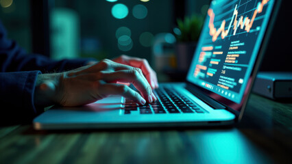 Hands Typing on a Laptop, Illuminated by the Screen in a Dark Setting