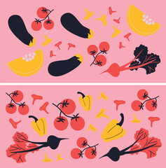 Cute appetizing Vegetables collection. Decorative abstract horizontal banner with colorful doodles. Hand-drawn modern illustrations with Vegetables, abstract elements.	
