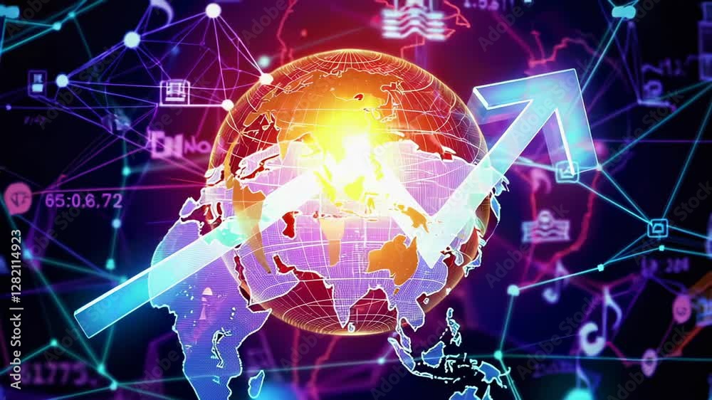 Aufkleber Global business is growing, represented by an upward arrow and a network of connections, with a world map backdrop, evolving over time in slow motion