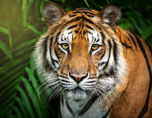realistic detailed tiger portrait with intense gaze in lush jungle background