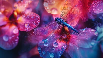 dragonfly on a dew-kissed flower petal, vibrant and natural composition, textured and radiant design, sharp and glowing tones