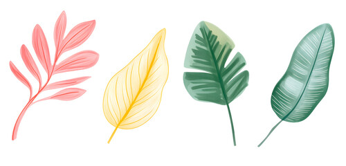 Set of four watercolor leaves in pink, yellow, and green shades. Hand-painted botanical illustration isolated on transparent background for natural and decorative design