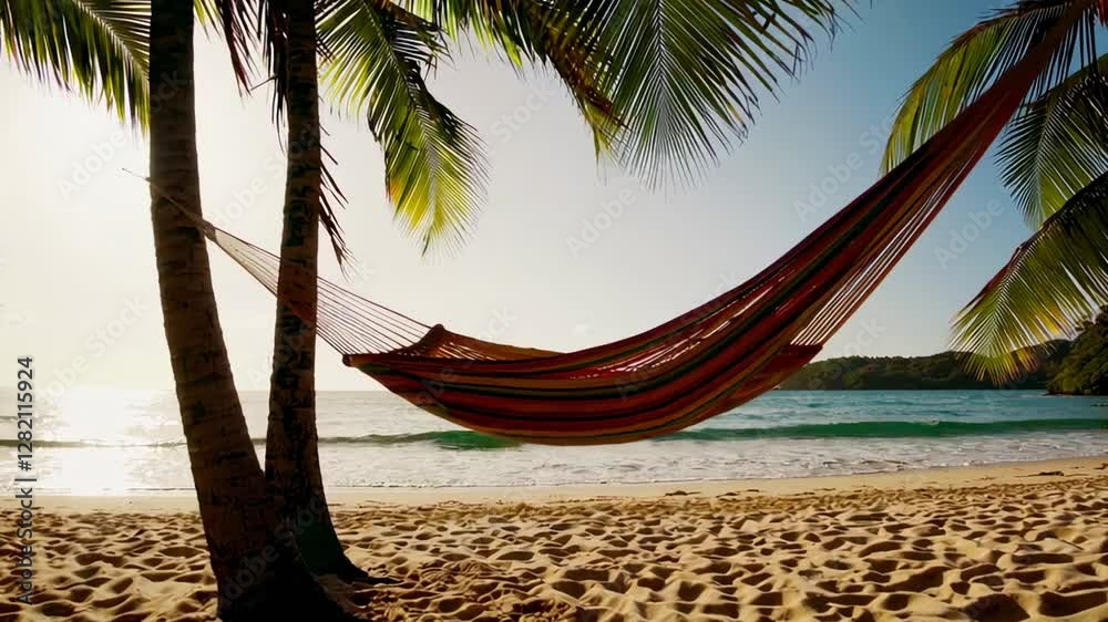 Poster colorful hammock gently swaying between lush palm trees, revealing pristine beach with turquoise oce