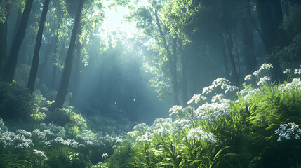 Obraz premium A serene woodland setting with sweet woodruff plants blooming under the shade of tall trees