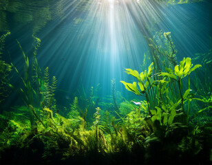 Obraz premium thriving aquatic plants in serene underwater ecosystem with filtered sunlight