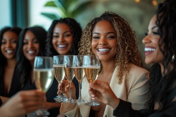 Friends celebrate a special occasion while toasting with champagne glasses at a modern venue in the afternoon light