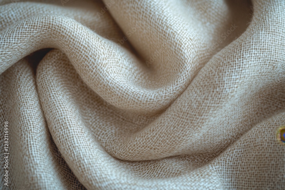 Aufkleber Textured natural fabric draping softly in warm light displaying intricate weave patterns and subtle color variations in a cozy indoor setting
