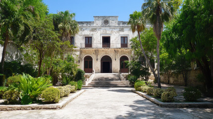 Abandoned Colonial Mansion Surrounded by Lush Greenery in Daylight