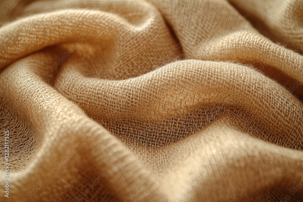 Poster Textured natural fabric draping softly in warm light displaying intricate weave patterns and subtle color variations in a cozy indoor setting