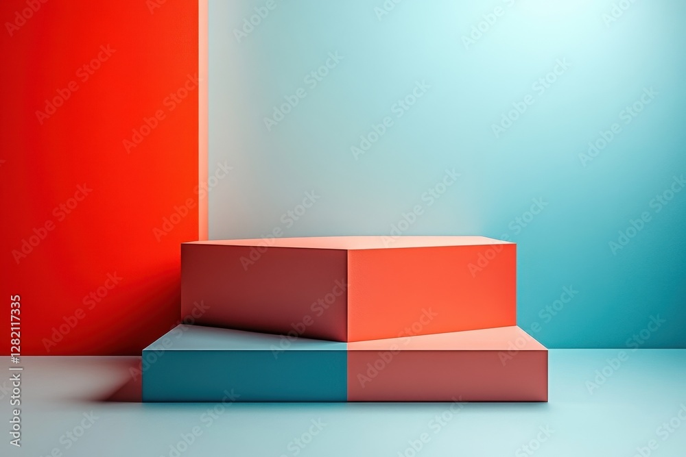 Poster Modern showcase of a minimalist blue cube on a vibrant blue background accentuating geometric shapes and shadows in a simple, clean design setting