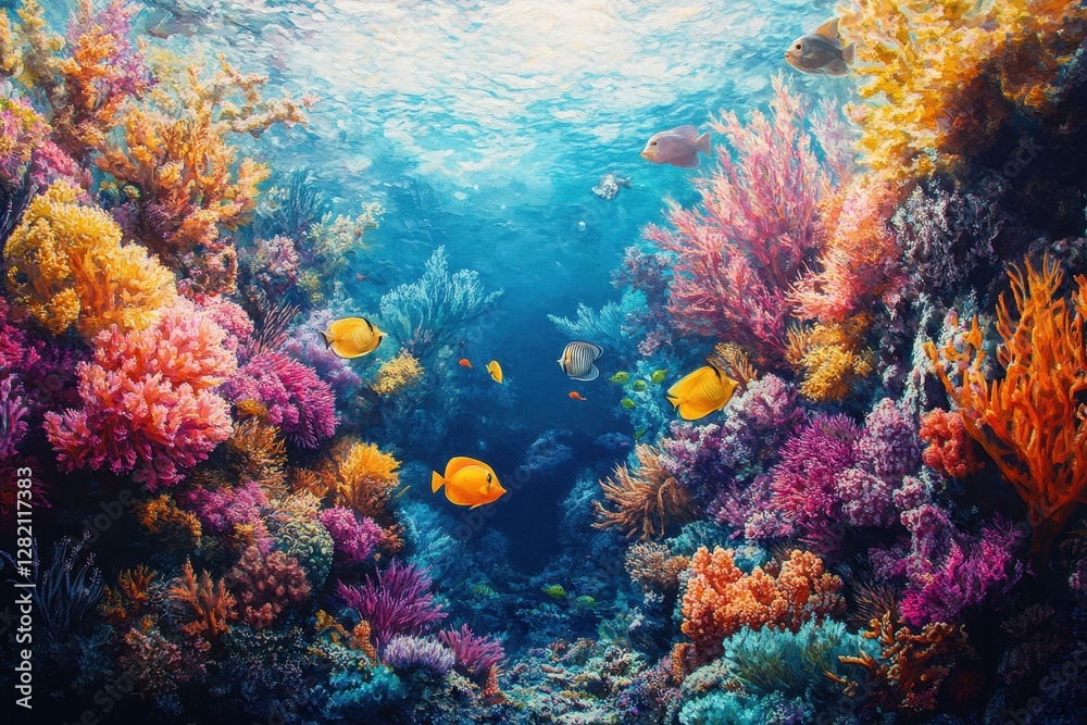 Poster vibrant underwater coral reef teeming with colorful fish in a serene ocean environment during daylig