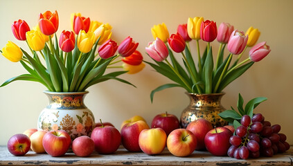 Orange and apple tropical landscape with tulips