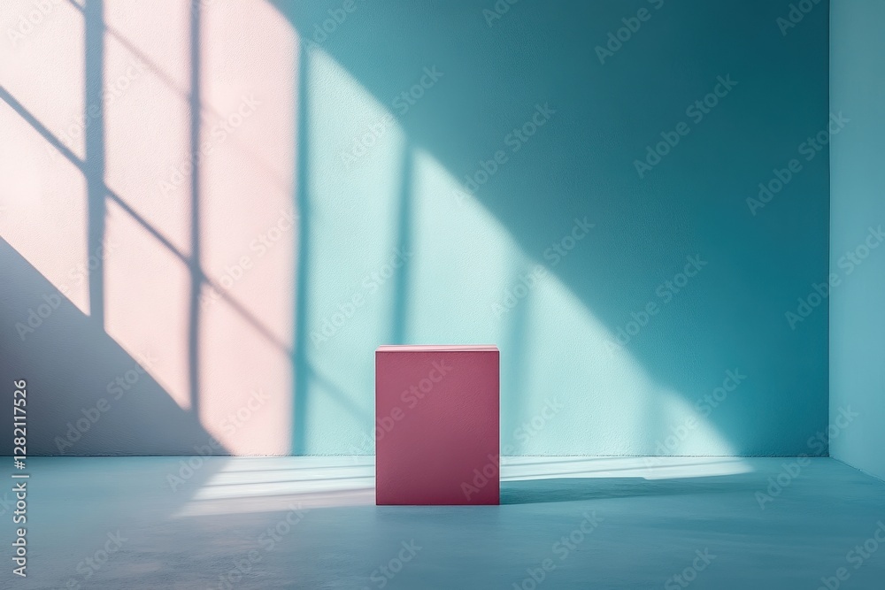 Poster Modern showcase of a minimalist blue cube on a vibrant blue background accentuating geometric shapes and shadows in a simple, clean design setting