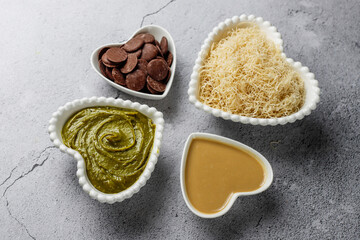 Trendy dubai chocolate ingredients for making dubai chocolate.