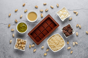 Trendy dubai chocolate ingredients for making dubai chocolate.