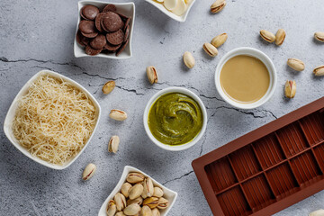 Trendy dubai chocolate ingredients for making dubai chocolate.