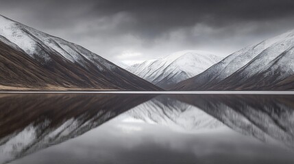 Obraz premium Mountain lake reflection, snowy peaks, dramatic sky, calm water, nature photography