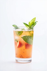 carbonated strawberry drink preparation with muddled basil and berries isolated on white background