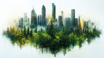 Obraz premium Urban skyline merging with lush greenery, showcasing harmony between nature and city life
