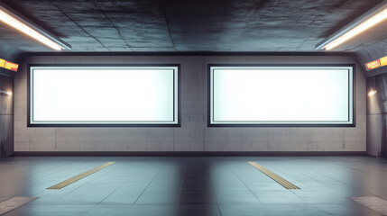 Fototapeta premium Outdoor Media Mockup Showcasing Two Empty 6-Sheet Banners in a Subway Tunnel Lightbox, Perfectly Designed for Advertising Layouts and Promotional Design Mockups