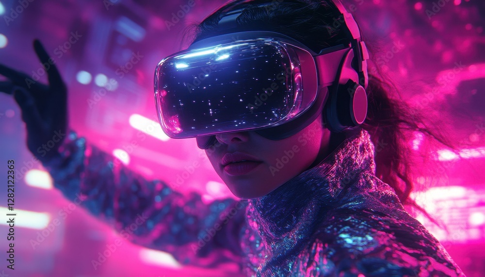 Poster engaging in virtual reality experience with vibrant neon lights and immersive technology in an urban