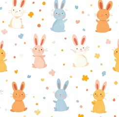 Pattern with colorful pastel rabbits on white background design