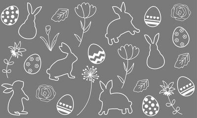 イースターバニーと卵のシルエット背景　モノクロ