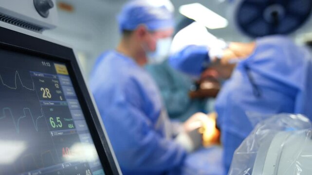 Patient's life parameters on the part of the monitor of lung ventilating machine. Medical team carries out surgery at backdrop in blur.