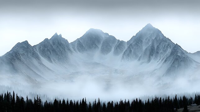 A misty morning landscape with dense fog rolling over the mountain peaks, and scattered clouds floating overhead.