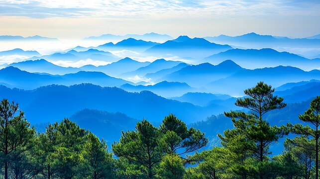 A misty morning landscape with dense fog rolling over the mountain peaks, and scattered clouds floating overhead.