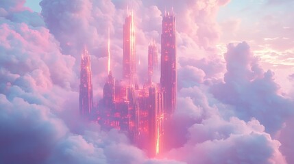 Fototapeta premium Floating castle among clouds, glowing towers, serene and magical, dreamlike fantasy landscape