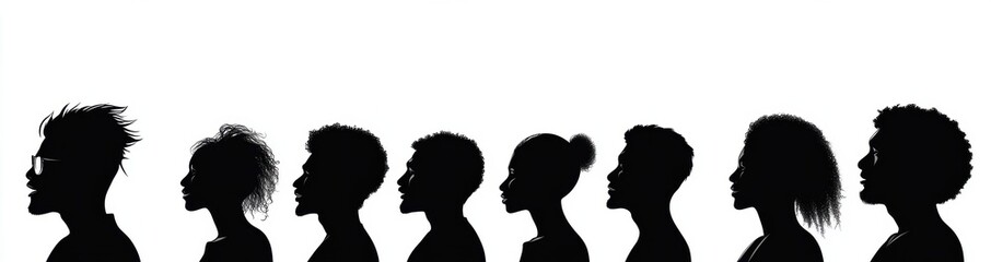Fototapeta premium Illustration of diverse silhouettes of individuals in profile against white background