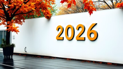 Vibrant autumn courtyard showcasing large 2026 numeric signage with bright orange foliage for seasonal celebration in an urban minimal setting