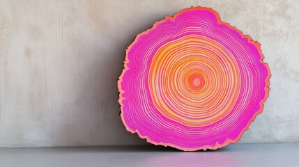 Pop-art inspired tree cross-section with vibrant growth rings leaning against a wall