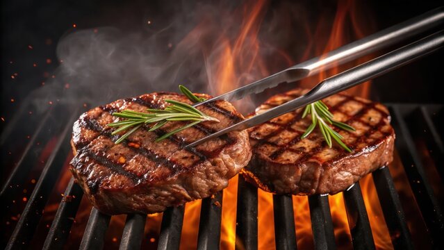 Top View of Juicy Grilled Steak with Rosemary and Flames at Summer Barbecue - Powered by Adobe