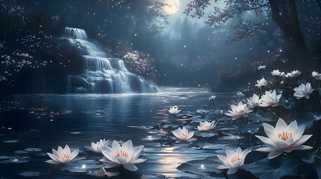 A tranquil night scene with moonflowers blooming under the soft glow of moonlight, creating an ethereal atmosphere