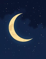 Fototapeta premium Minimalist Flat Color Moon Illustration, Dark Blue Sky with Stars, Dramatic Moonlight, Copy Space for Text